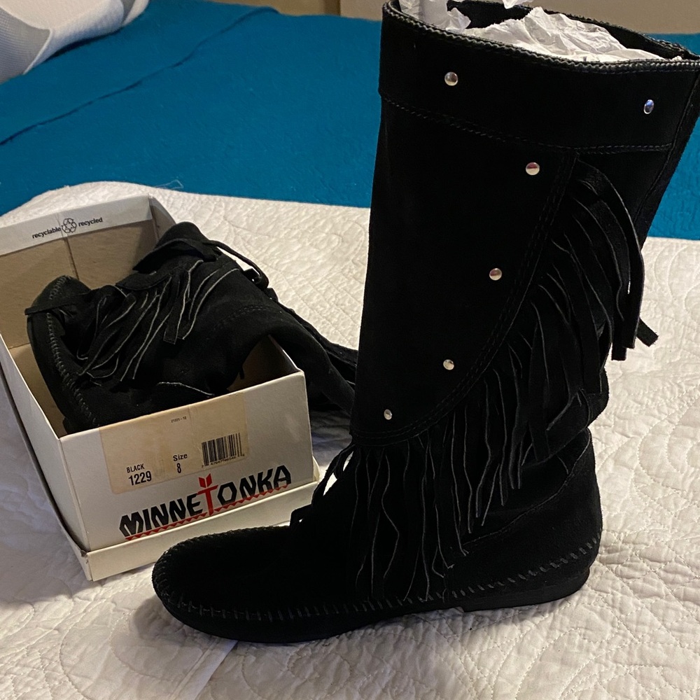 Minnetonka Black Suede Fringe Moccasins